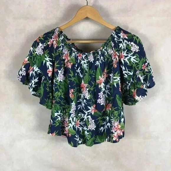 Tropical Floral Smocked Off The Shoulder Crop Top XS - Picture 1 of 8